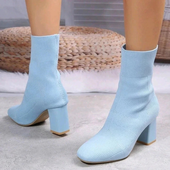 Fashion Blue Boots For Women, Minimalist Chunky Heeled Slip On Sock Boots - Picture 4 of 7